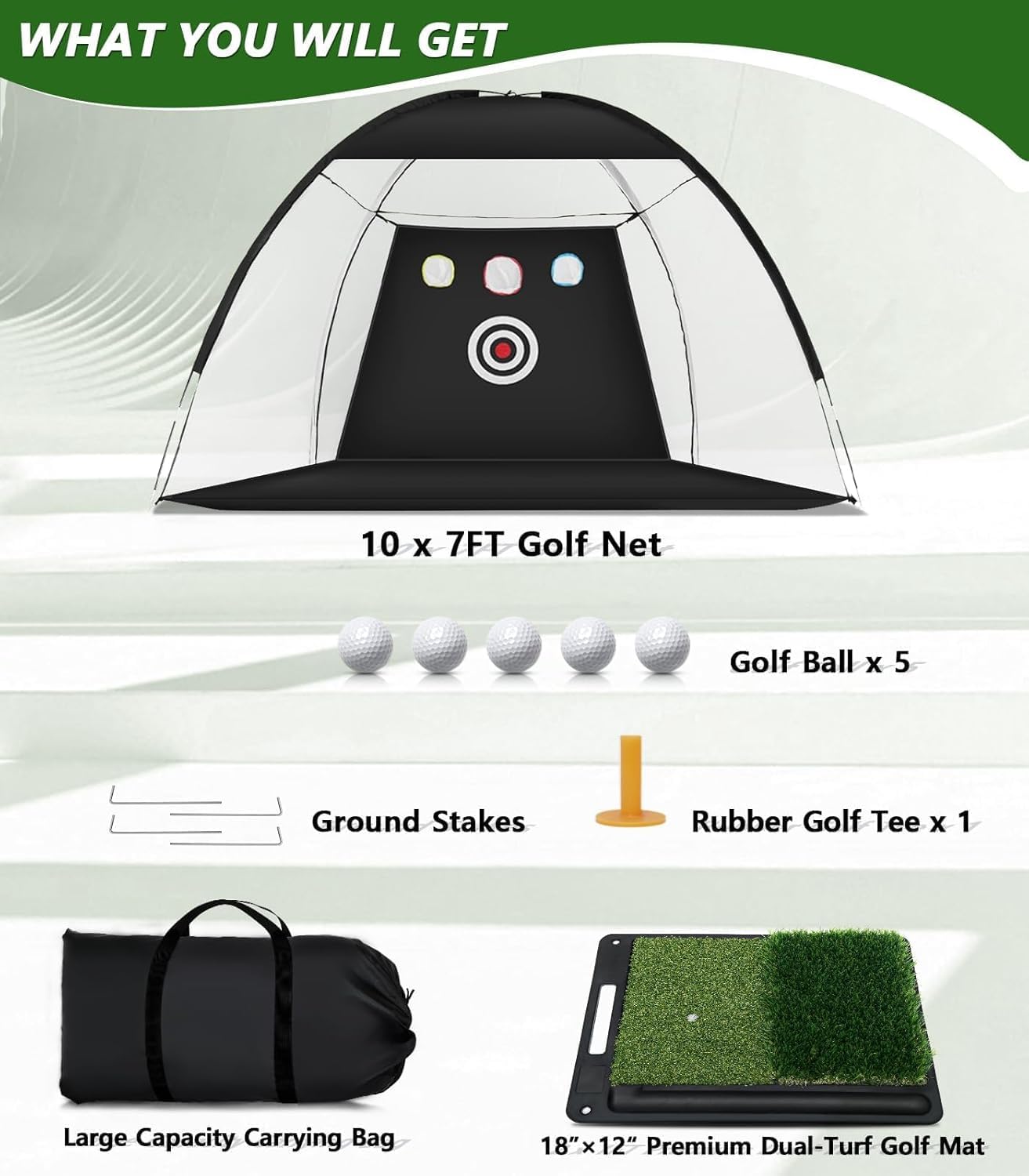 Golf Net,10x7ft Golf Practice Net with Heavy Base Dual-Turf GO LF Mat, All-in-One Mult-Target GO LF Hitting Nets, Chipping Training Nets for Backyard Driving, Christmas Ideal Gifts for Men/Dad/Boy