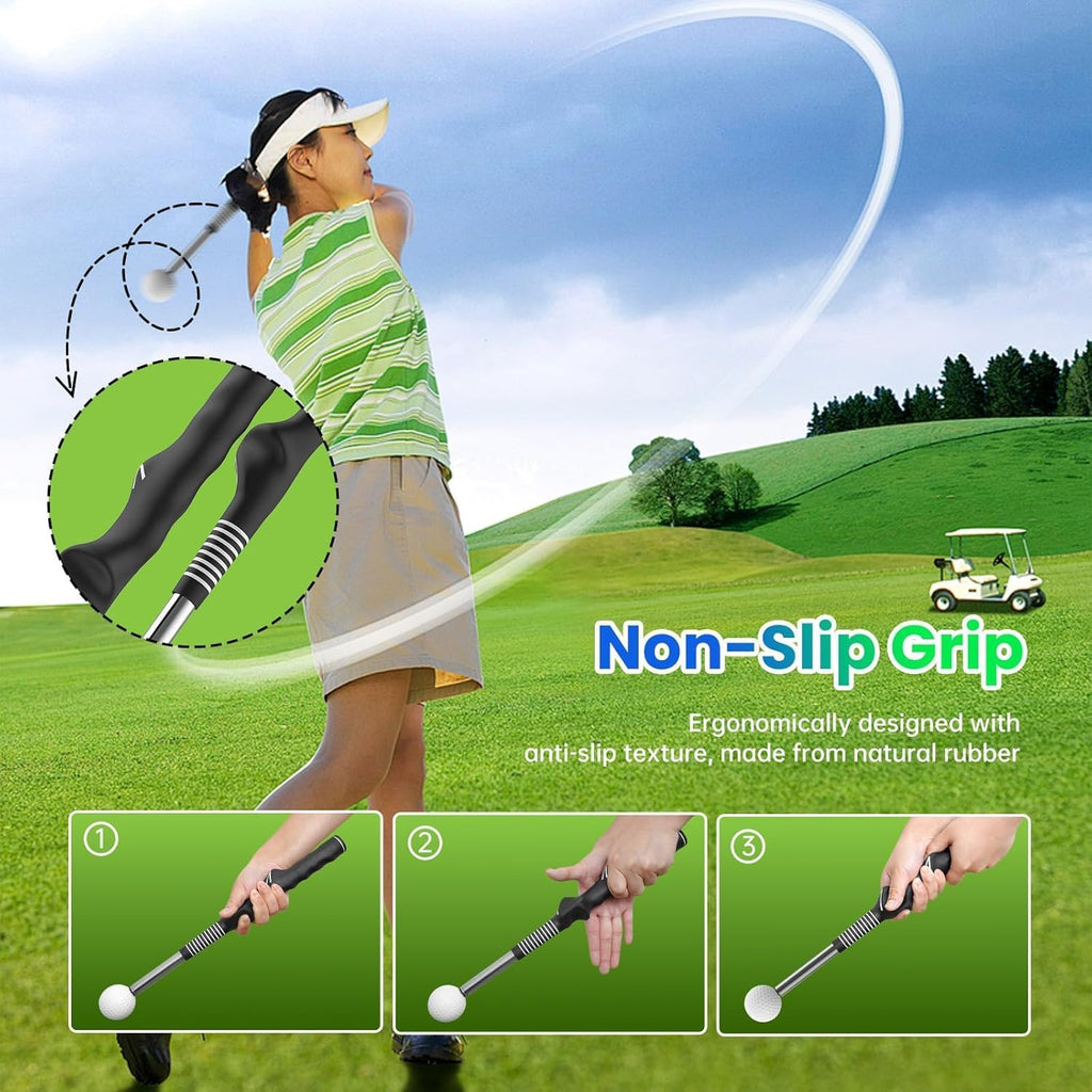 Retractable Golf Swing Trainer Aid- Non-Slip Right Hand Grip Trainer for Strength & Tempo, Indoor Outdoor Golf Training Aid for Warm-Up & Practice (Black)