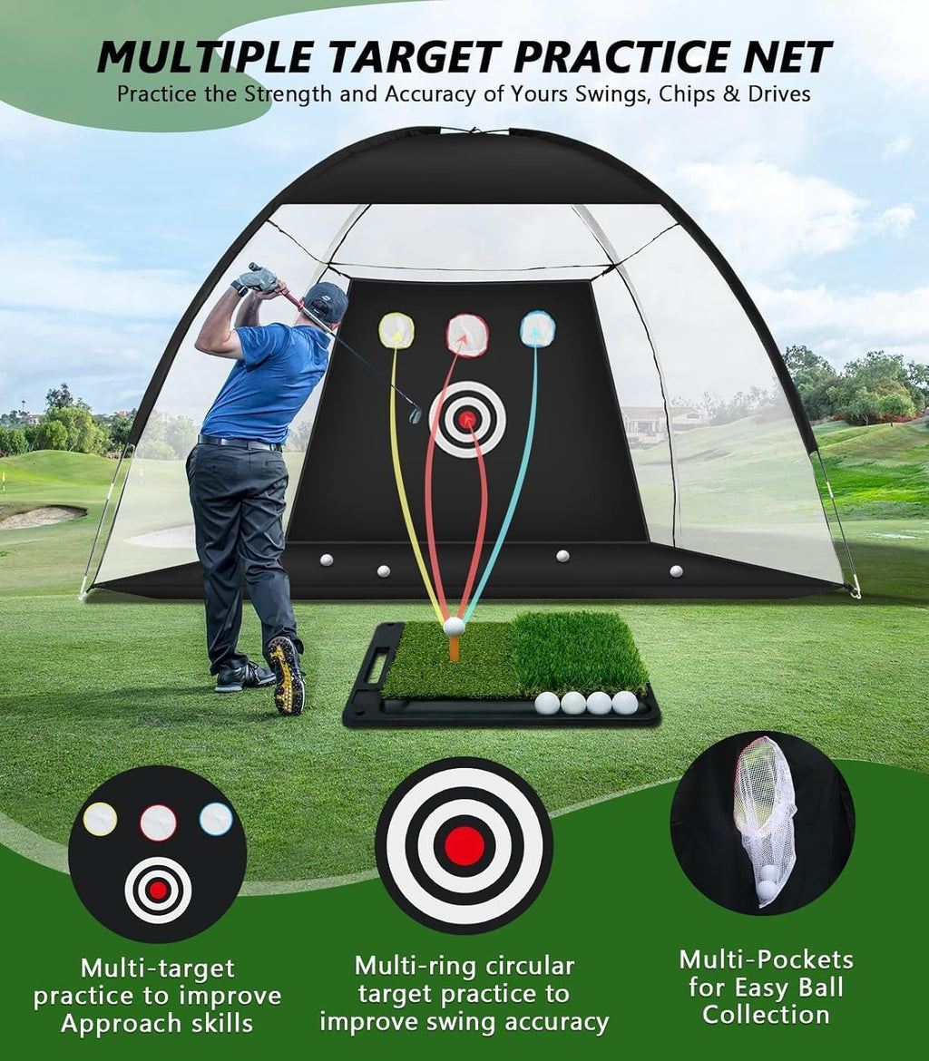 Golf Net,10x7ft Golf Practice Net with Heavy Base Dual-Turf GO LF Mat, All-in-One Mult-Target GO LF Hitting Nets, Chipping Training Nets for Backyard Driving, Christmas Ideal Gifts for Men/Dad/Boy